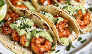 Chili Lime Shrimp Tacos with Avocado Jalapeno Crema Recipe