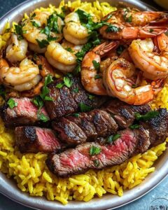 Jerk Steak & Shrimp Over Yellow Rice Recipe