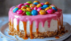 Pink Dream No-Bake M&M Caramel Cheesecake Recipe