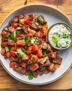 Saucy Braised Carne Picada with Peppers and Onions Recipe