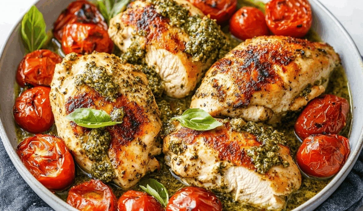 Pesto Chicken with Roasted Tomatoes Recipe