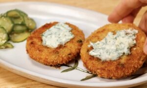Potato Patties with Cucumber Salad and Dill Garlic Sauce Recipe