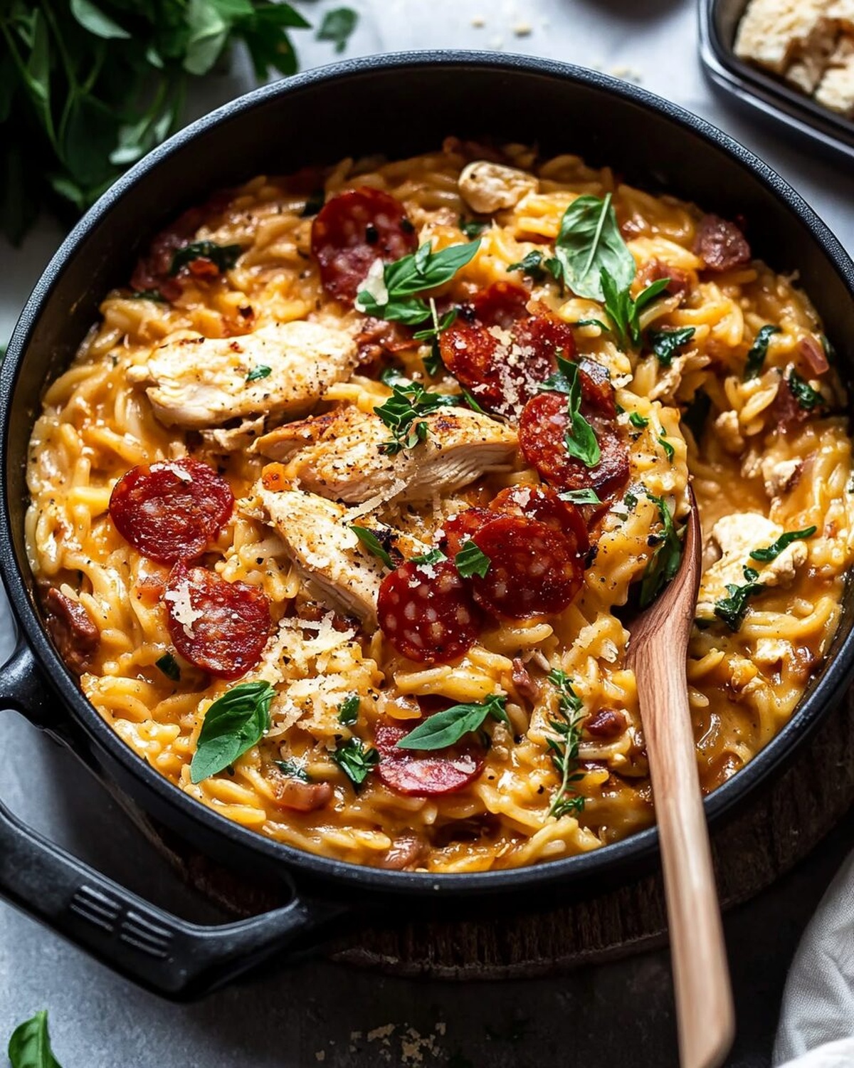 One-Pot Chicken Risoni with Crispy Salami Recipe