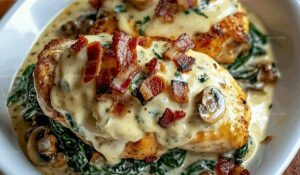 Smothered Chicken With Creamed Spinach, Bacon, And Mushrooms Recipe