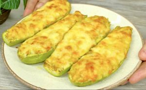 Cheesy Stuffed Zucchini Boats with Vegetables Recipe