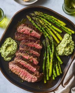 Charred London Broil & Asparagus with Zesty Gribiche Sauce Recipe