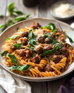 Hearty Italian Sausage Pasta with Baby Spinach in a Rich Tomato Sauce Recipe