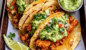 Crispy Chicken Carnitas Tacos With Avocado Cilantro Lime Sauce Recipe