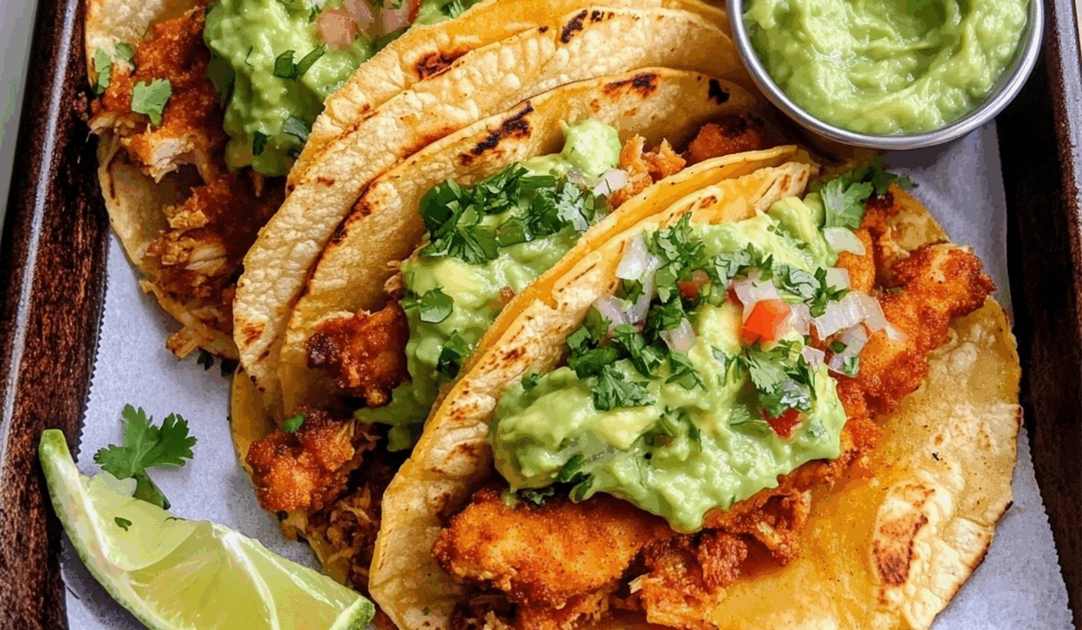 Crispy Chicken Carnitas Tacos With Avocado Cilantro Lime Sauce Recipe