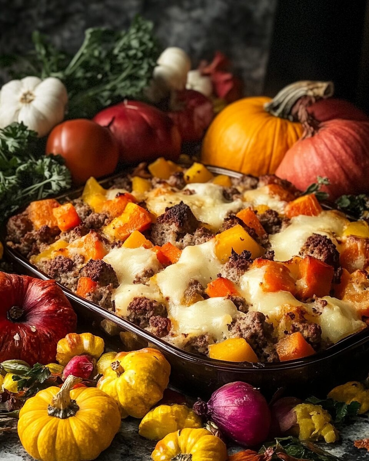 Amish Hamburger with Fall Veggies Bake Recipe