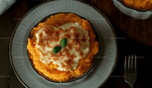 Mashed Sweet Potato Casserole with Marshmallow Gravy and Pecans Recipe
