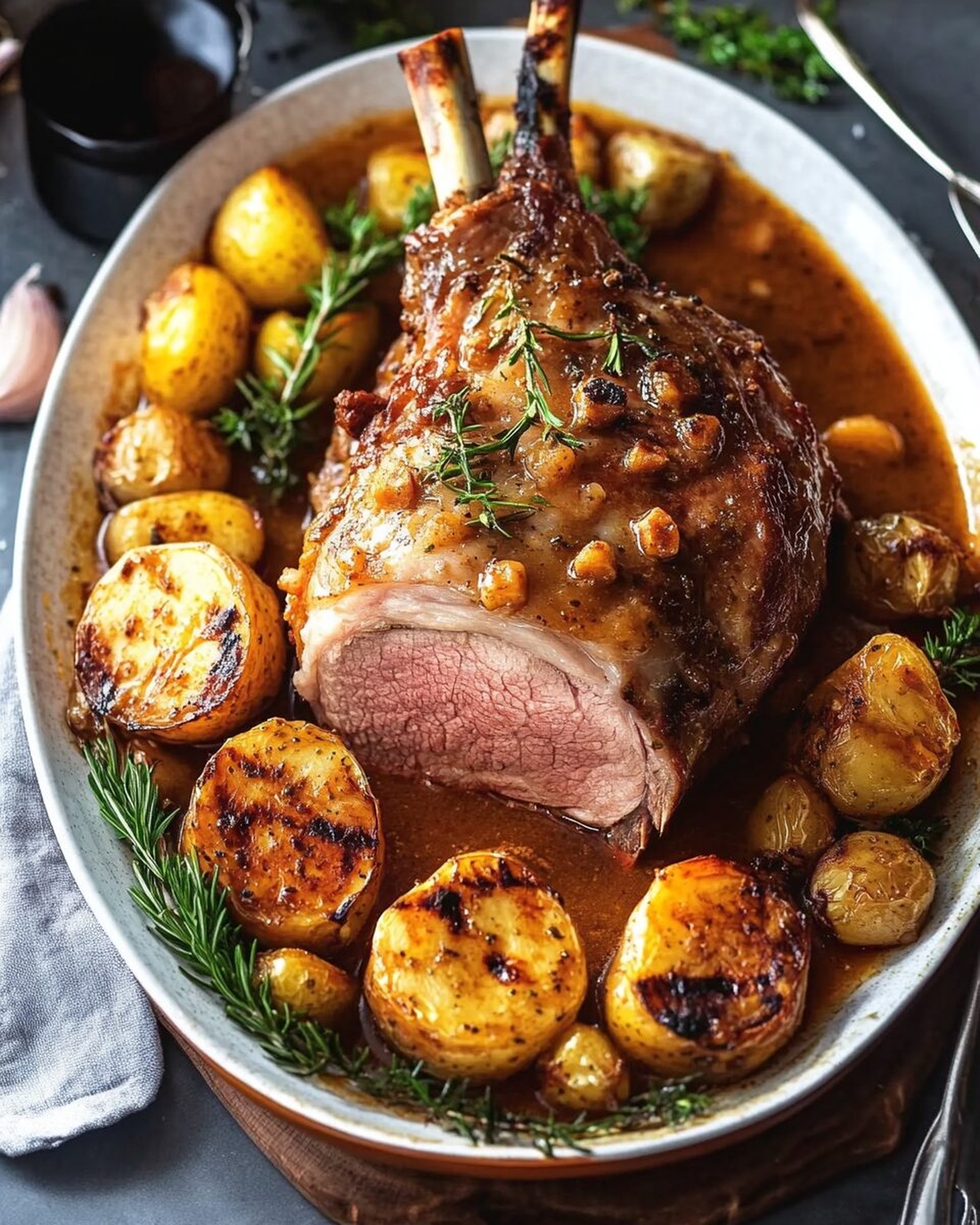 Savory Herb-Crusted Roast Lamb Leg with Velvety Gravy Recipe