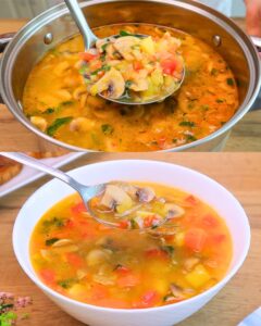 Hearty Vegetable Soup with Mushrooms and Crispy Herb Croutons Recipe