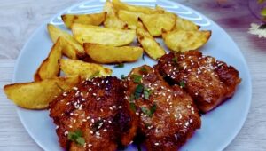 Crispy Soy-Glazed Pork with Parmesan Potato Boats Recipe