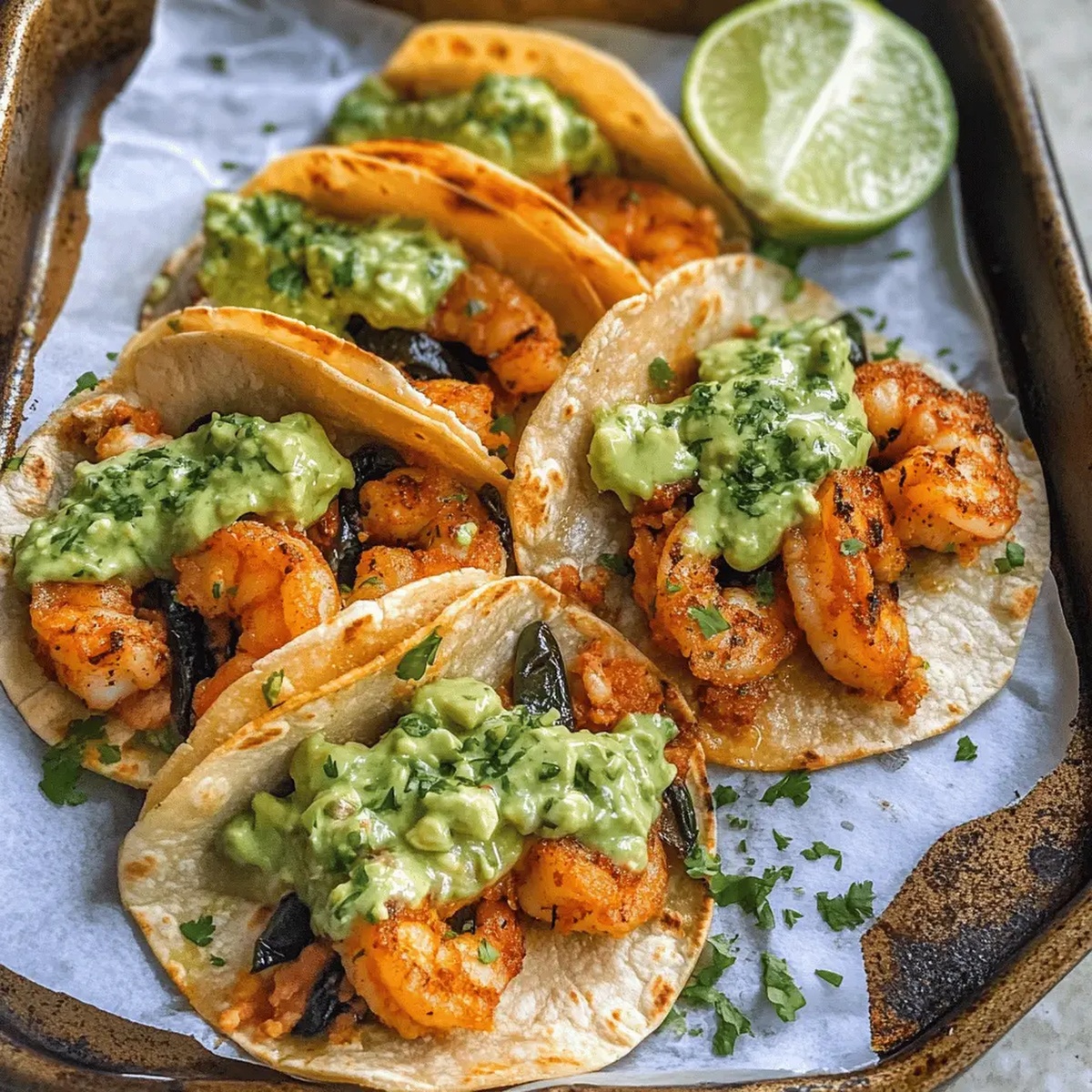 Shrimp and Poblano Tacos with Avocado Sauce Recipe