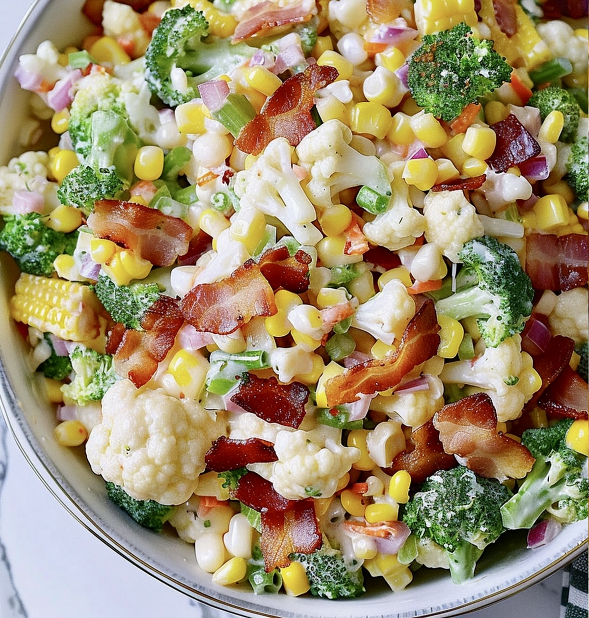 Creamy Broccoli, Cauliflower, Corn, and Bacon Salad Recipe
