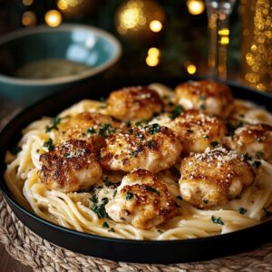Golden Garlic Chicken Bites Over Creamy Parmesan Pasta Recipe
