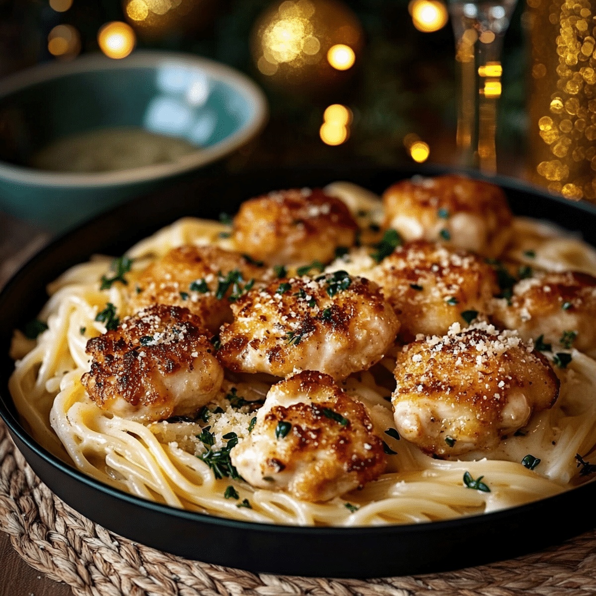 Golden Garlic Chicken Bites Over Creamy Parmesan Pasta Recipe