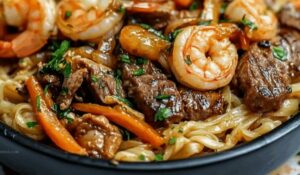 Steak & Shrimp Stir-Fried Noodles Recipe