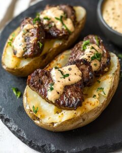 Heavily-Loaded Baked Potato with Steak Bites Recipe